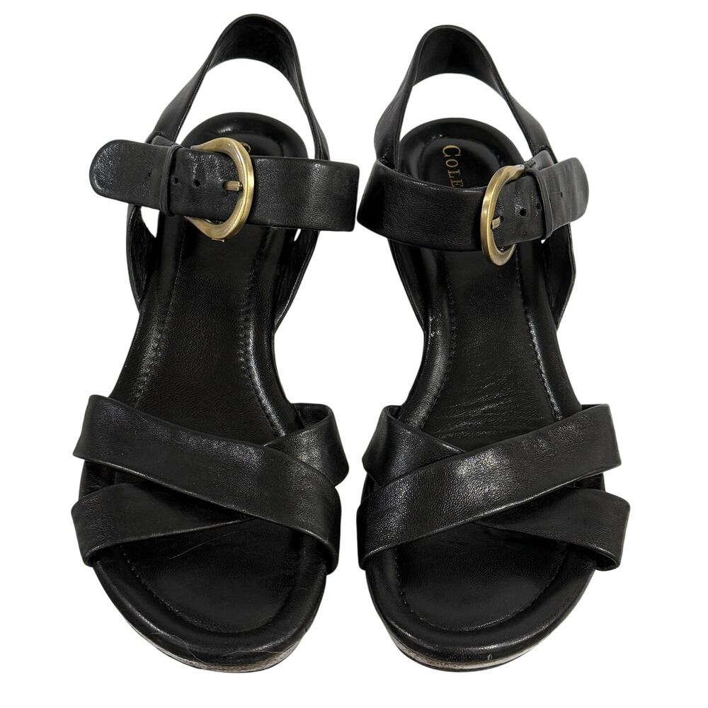 Cole Haan Black Leather Wedge Sandals Platform Strappy Ankle Strap Women's 8.5B